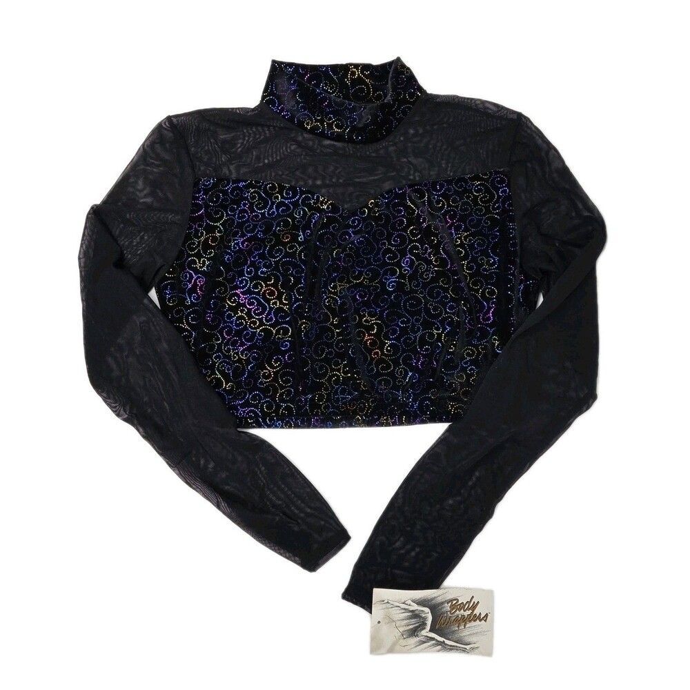 Body Wrappers VTG Mesh Velvet LS Mock Neck Dance Midriff Bling Top Size Adult L - Picture 4 of 16